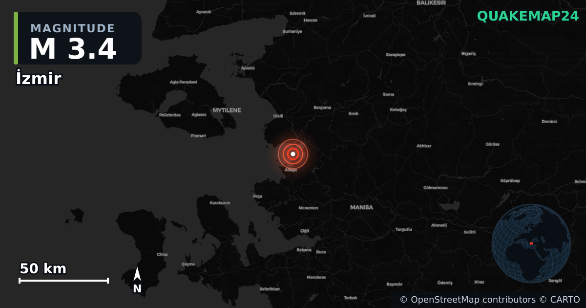 M3.4 earthquake near İzmir on Jan 11, 2026 — map of epicenter and shaking intensity | QuakeMap24