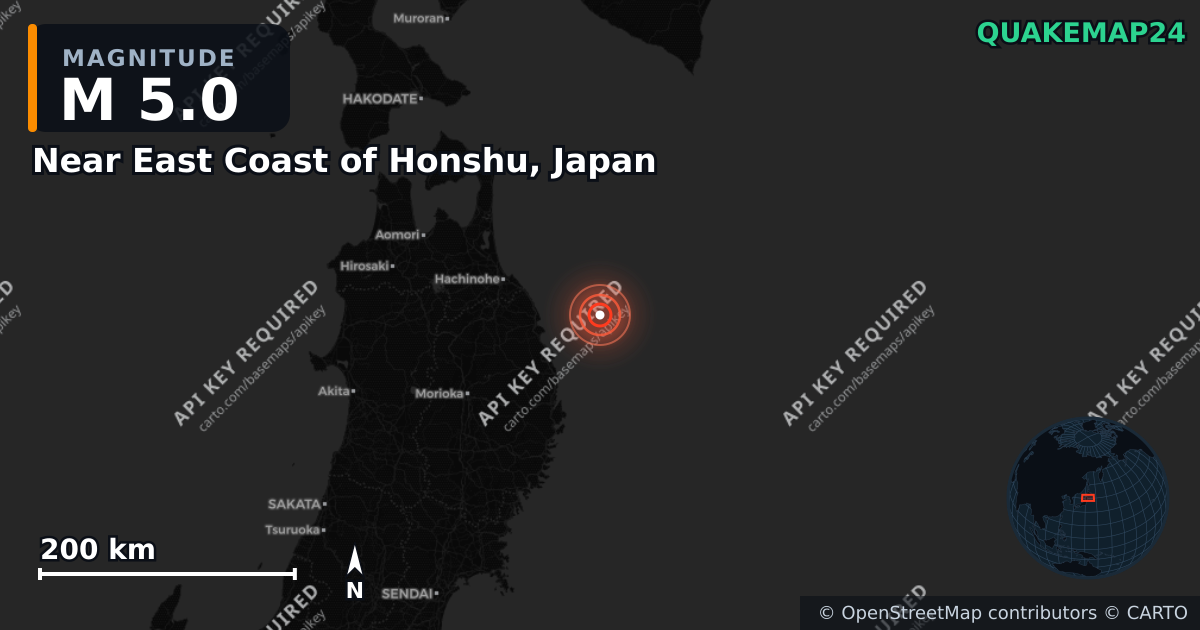 M5.0 earthquake near Near East Coast of Honshu, Japan on Jun 6, 2026 — map of epicenter and shaking intensity | QuakeMap24