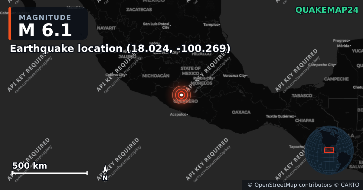 M6.1 earthquake near Earthquake location (18.024, -100.269) on Feb 8, 2026 — map of epicenter and shaking intensity | QuakeMap24