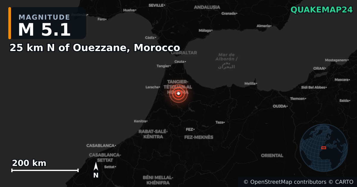 25 km N of Ouezzane, Morocco yakınında M5,1 deprem — Deprem merkez üssünün konumunu gösteren harita
