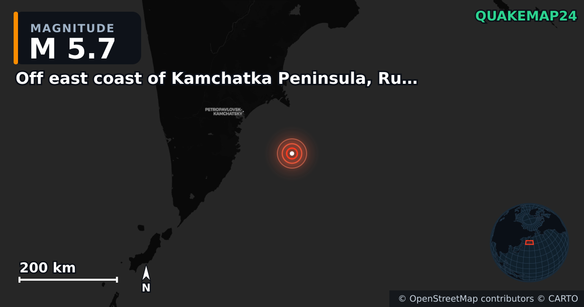 M5.7 earthquake near Off east coast of Kamchatka Peninsula, Russia [Sea: Russia] on Aug 23, 2025 — map of epicenter and shaking intensity | QuakeMap24