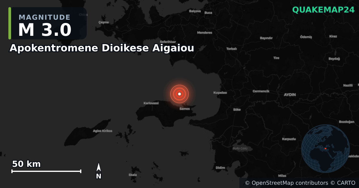 M3.0 earthquake near Apokentromene Dioikese Aigaiou on May 26, 2025 — map of epicenter and shaking intensity | QuakeMap24