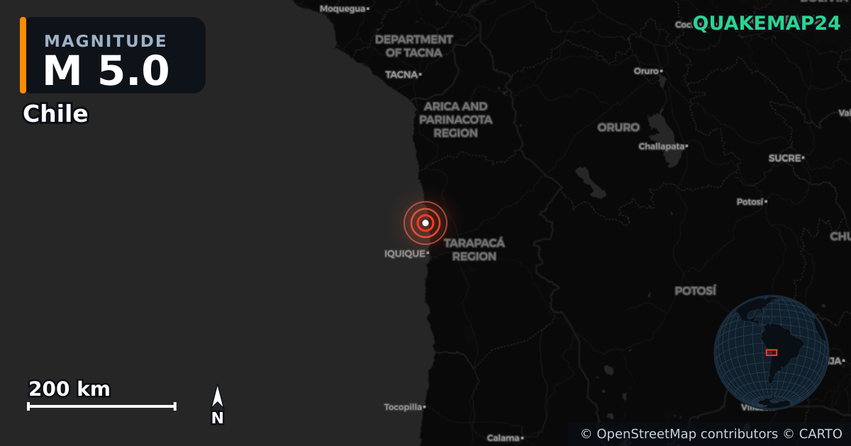 M5.0 earthquake near Chile on Jan 16, 2026 — map of epicenter and shaking intensity | QuakeMap24