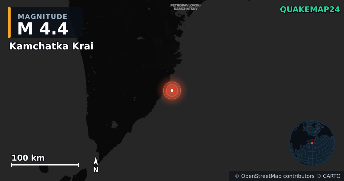 M4.4 earthquake near Kamchatka Krai on Aug 21, 2026 — map of epicenter and shaking intensity | QuakeMap24