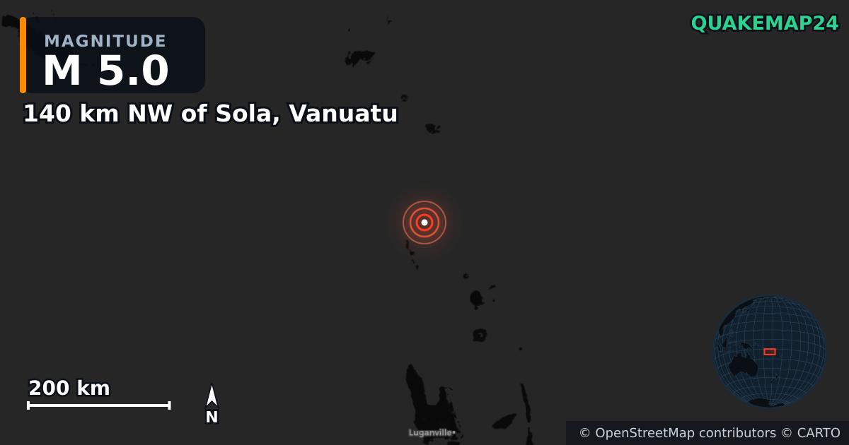M5.0 earthquake near 140 km NW of Sola, Vanuatu on Mar 5, 2025 — map of epicenter and shaking intensity | QuakeMap24