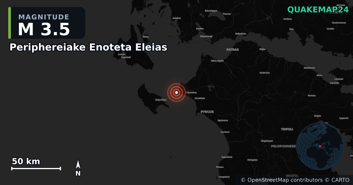 M3.5 earthquake near Periphereiake Enoteta Eleias on Jan 6, 2026 — map of epicenter and shaking intensity | QuakeMap24