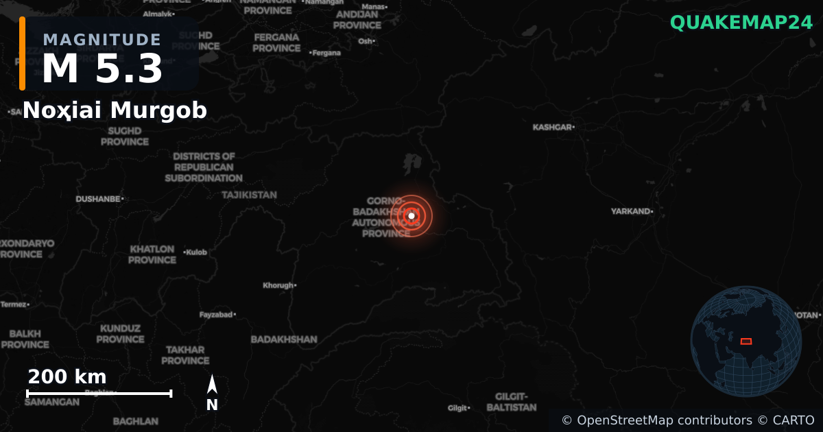 M5.3 earthquake near Noҳiai Murgob on Jan 8, 2026 — map of epicenter and shaking intensity | QuakeMap24