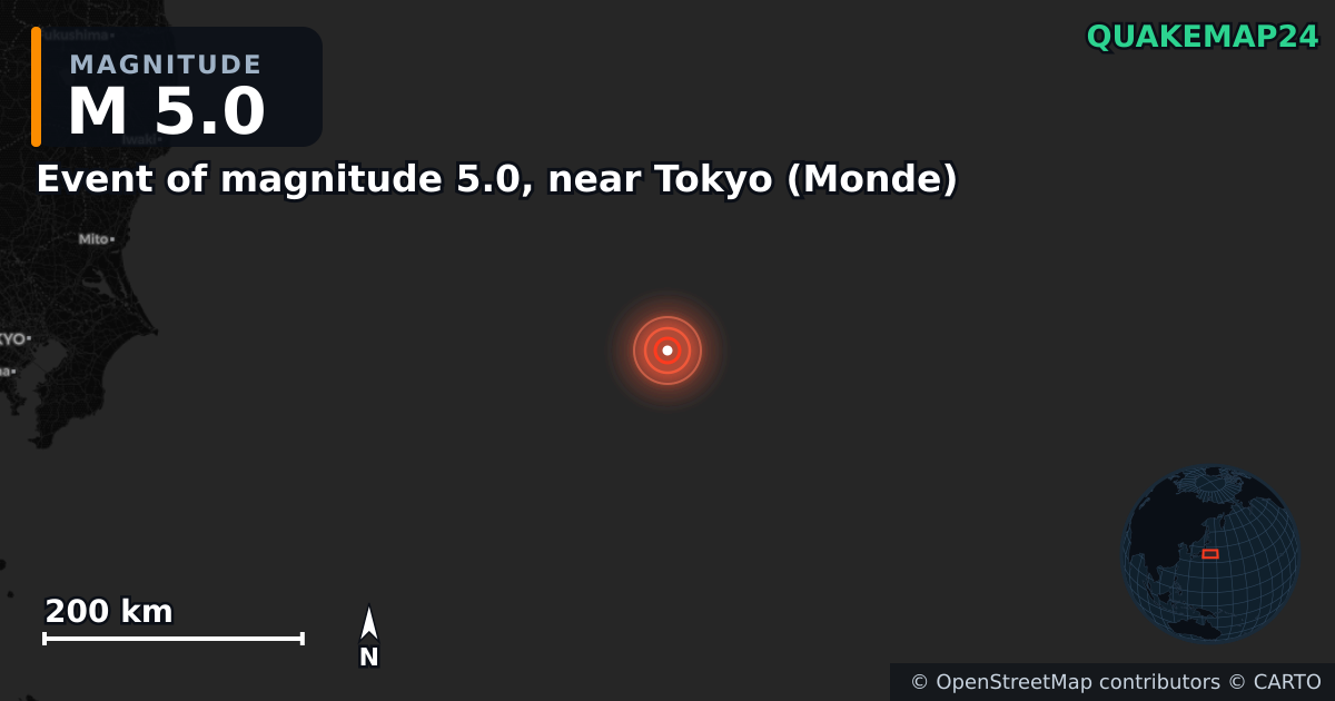 Erdbeben M5,0 bei Event of magnitude 5.0, near Tokyo (Monde) — Karte der Lage des Epizentrums