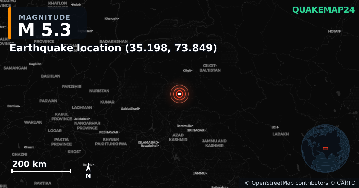 M5.3 earthquake near Earthquake location (35.198, 73.849) on Aug 27, 2025 — map of epicenter and shaking intensity | QuakeMap24