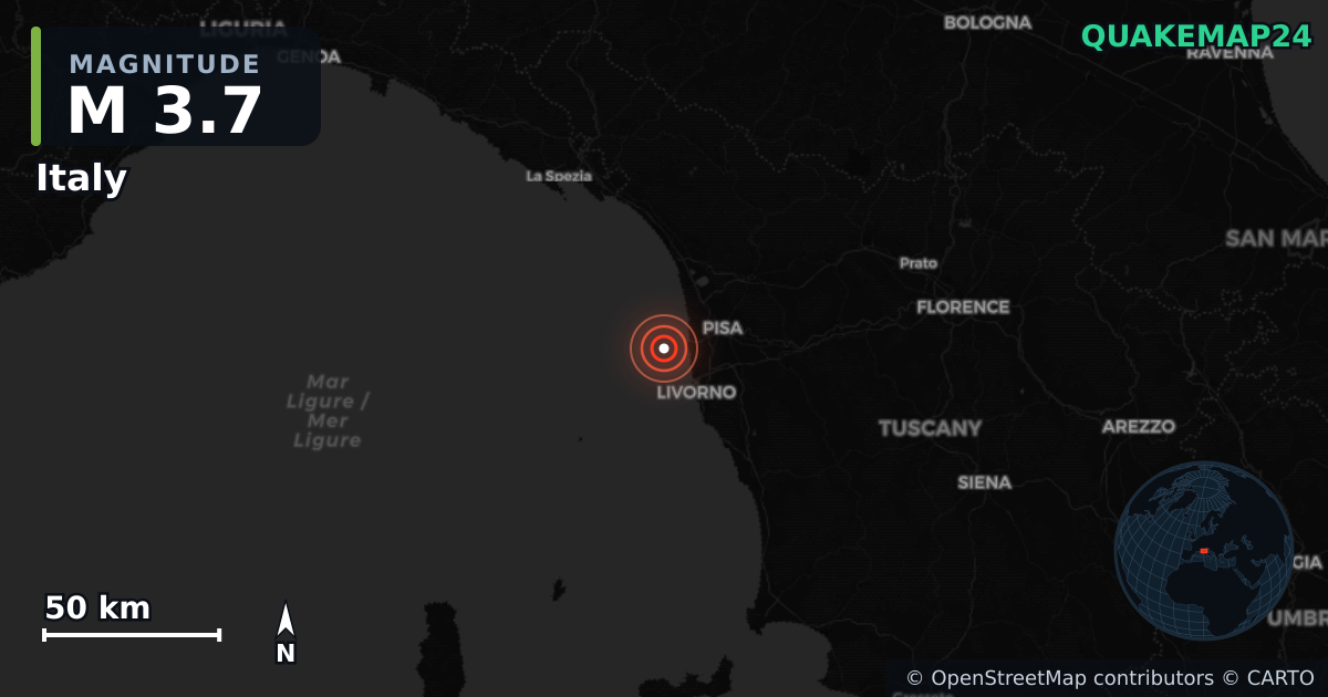 M3.7 earthquake near Italy on Aug 12, 2026 — map of epicenter and shaking intensity | QuakeMap24