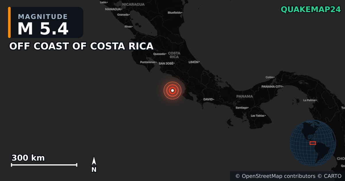 M5.4 earthquake near OFF COAST OF COSTA RICA on Nov 18, 2025 — map of epicenter and shaking intensity | QuakeMap24