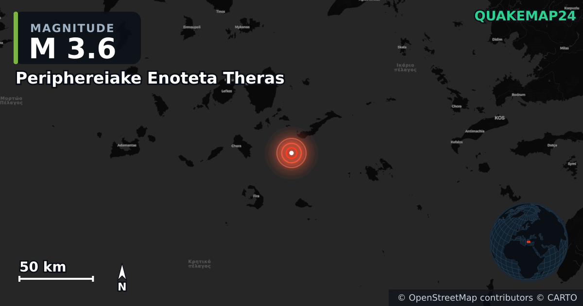 M3.6 earthquake near Periphereiake Enoteta Theras on Aug 22, 2025 — map of epicenter and shaking intensity | QuakeMap24
