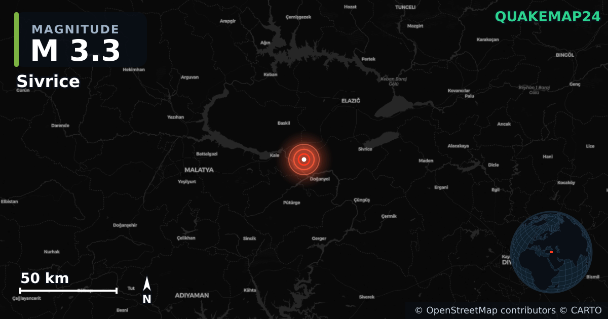 M3.3 earthquake near Sivrice on Apr 9, 2026 — map of epicenter and shaking intensity | QuakeMap24