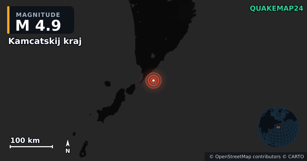 M4.9 earthquake near Kamcatskij kraj on Aug 12, 2025 — map of epicenter and shaking intensity | QuakeMap24