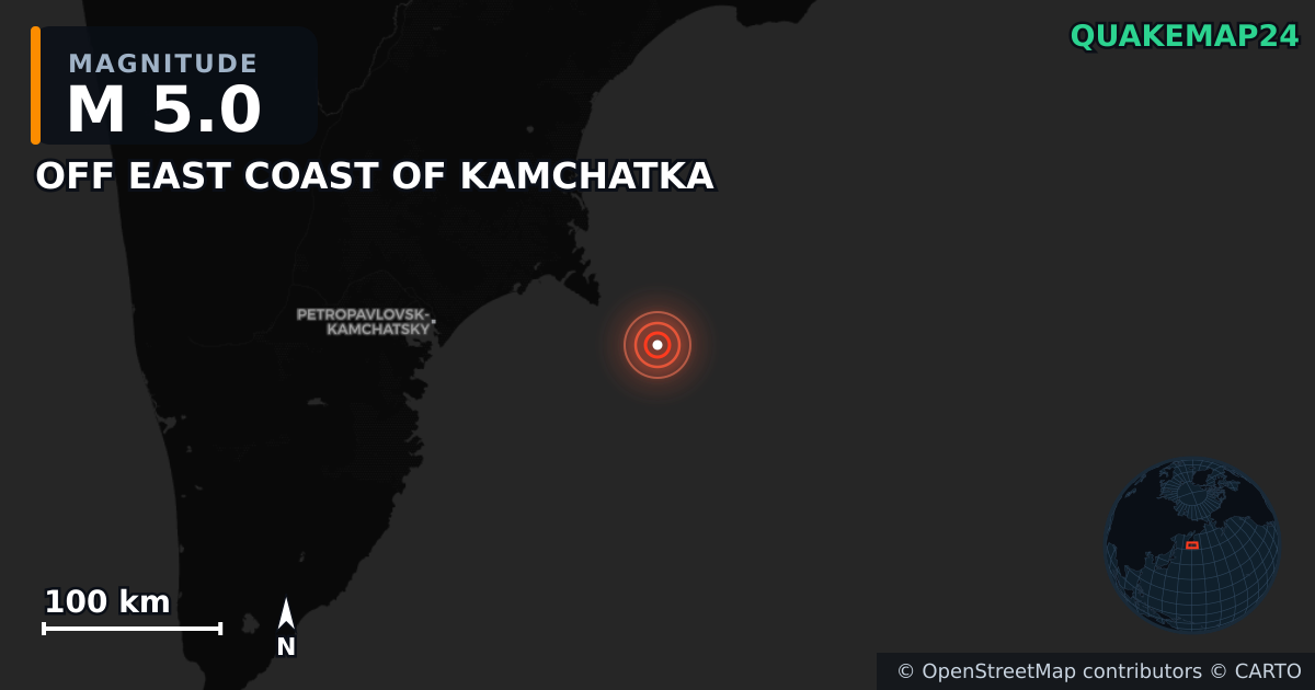 M5.0 earthquake near OFF EAST COAST OF KAMCHATKA on Jul 31, 2025 — map of epicenter and shaking intensity | QuakeMap24