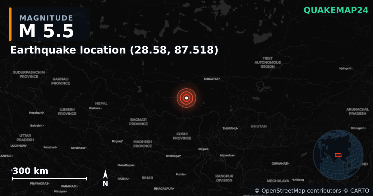 M5.5 earthquake near Deprem konumu (28.58, 87.518) on Mar 8, 2025 — map of epicenter and shaking intensity | QuakeMap24