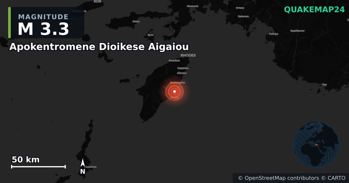 M3.3 earthquake near Apokentromene Dioikese Aigaiou on May 20, 2025 — map of epicenter and shaking intensity | QuakeMap24