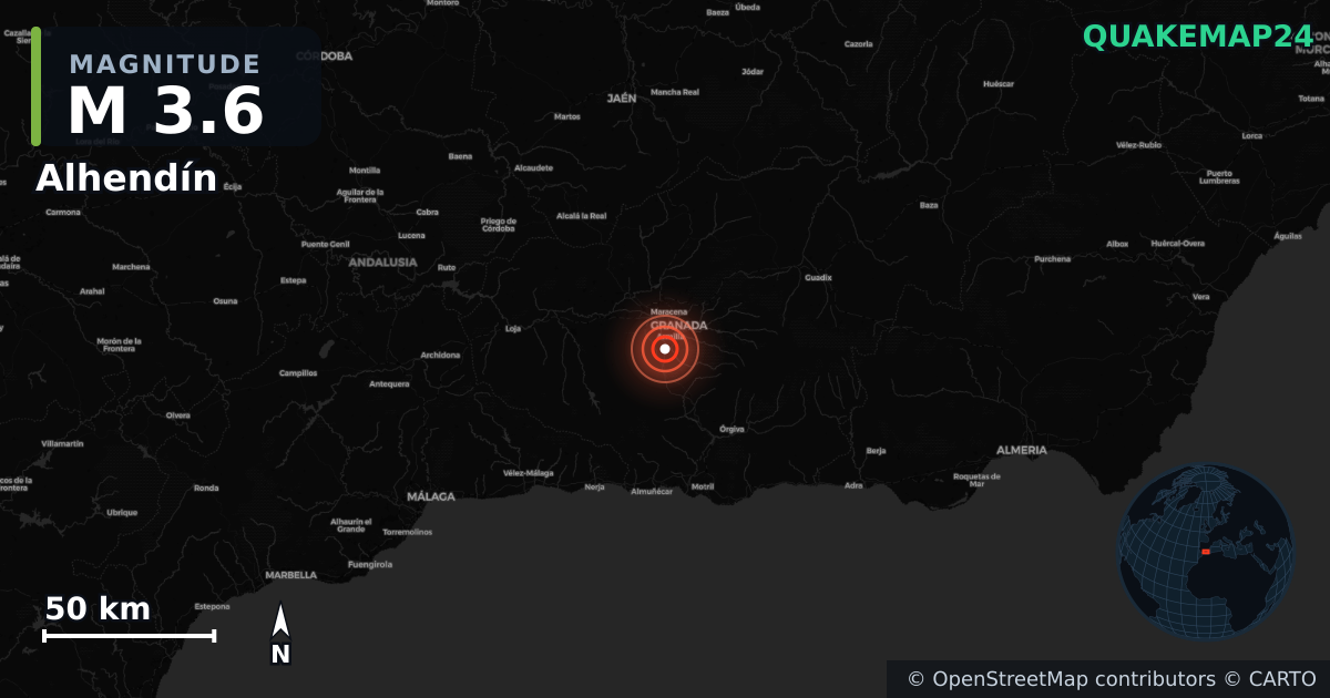 M3.6 earthquake near Alhendín on Aug 14, 2026 — map of epicenter and shaking intensity | QuakeMap24