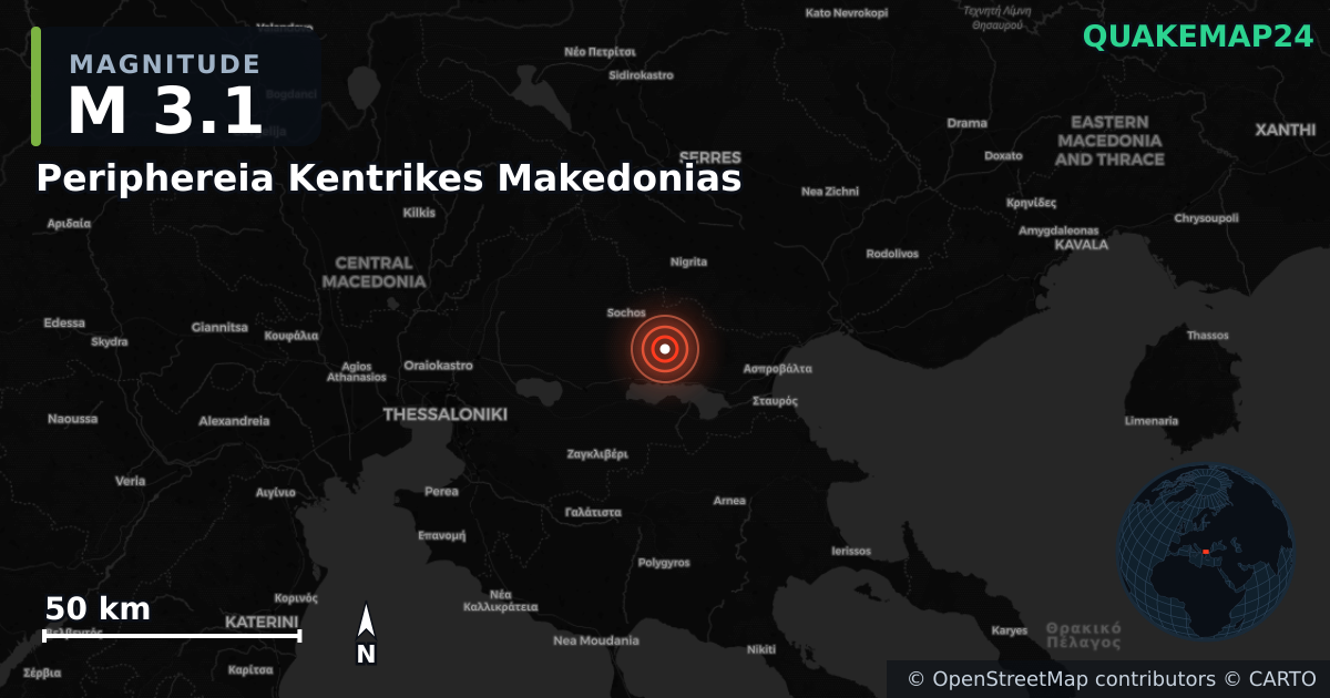 M3.1 earthquake near Periphereia Kentrikes Makedonias on Jan 2, 2026 — map of epicenter and shaking intensity | QuakeMap24