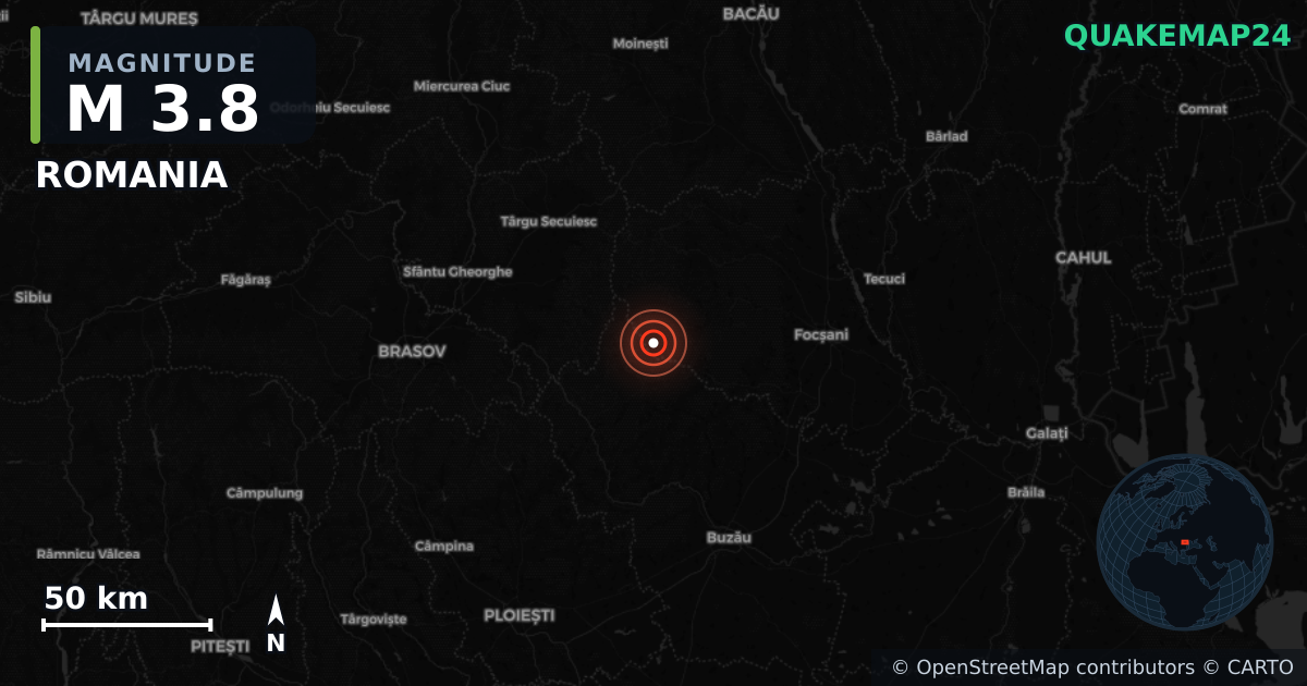 M3.8 earthquake near ROMANIA on Dec 1, 2025 — map of epicenter and shaking intensity | QuakeMap24
