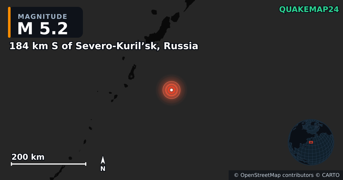 M5.2 earthquake near 184 km S of Severo-Kuril’sk, Russia on Jul 30, 2025 — map of epicenter and shaking intensity | QuakeMap24