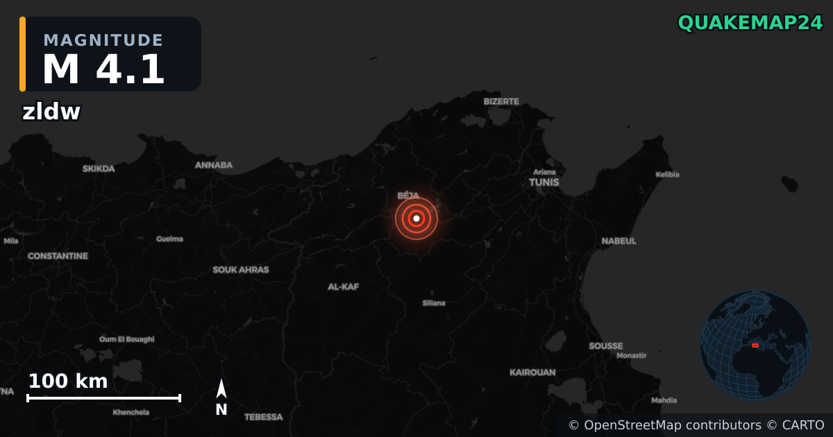 M4.1 earthquake near zldw on Jan 5, 2026 — map of epicenter and shaking intensity | QuakeMap24