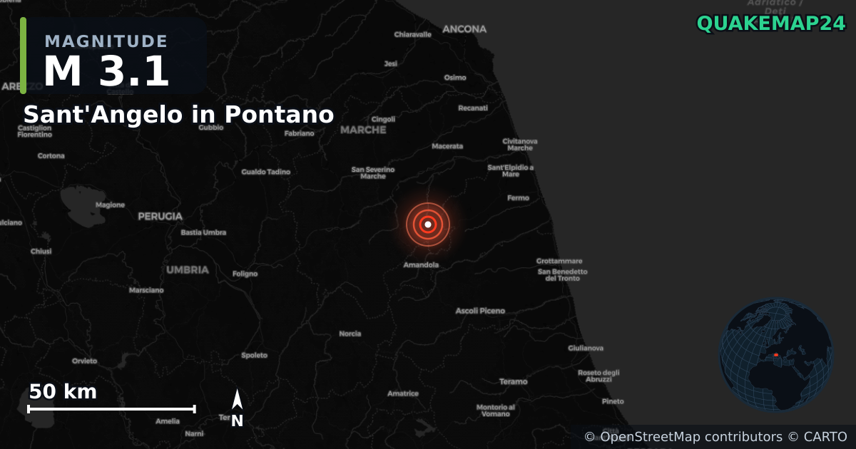 M3.1 earthquake near Sant'Angelo in Pontano on Jan 5, 2026 — map of epicenter and shaking intensity | QuakeMap24