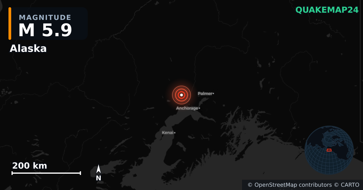 M5.9 earthquake near Alaska on Nov 27, 2025 — map of epicenter and shaking intensity | QuakeMap24