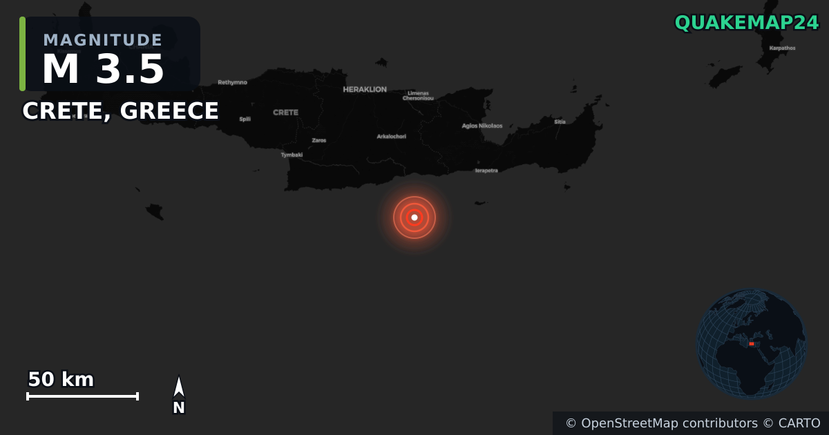 M3.5 earthquake near CRETE, GREECE on Sep 30, 2025 — map of epicenter and shaking intensity | QuakeMap24