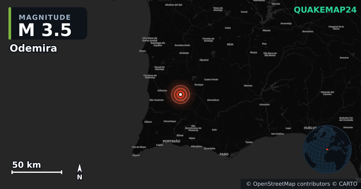 M3.5 earthquake near Odemira on Aug 10, 2026 — map of epicenter and shaking intensity | QuakeMap24