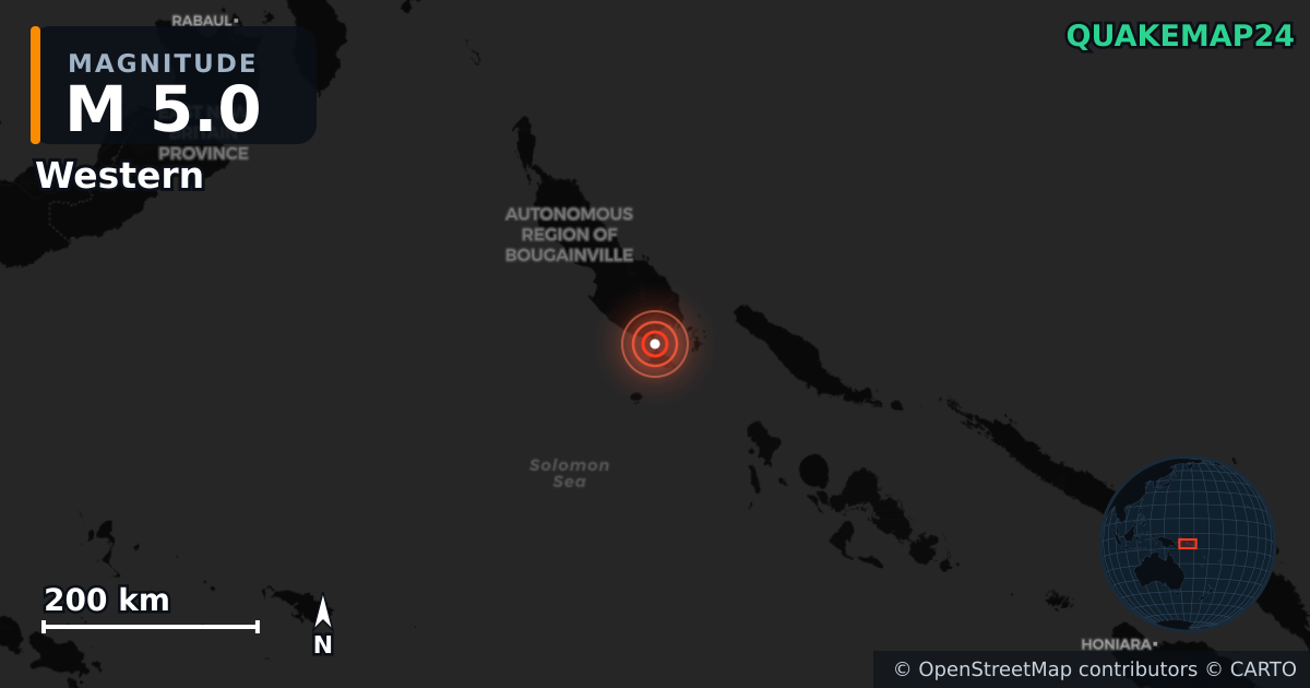 M5.0 earthquake near Western on Sep 20, 2025 — map of epicenter and shaking intensity | QuakeMap24