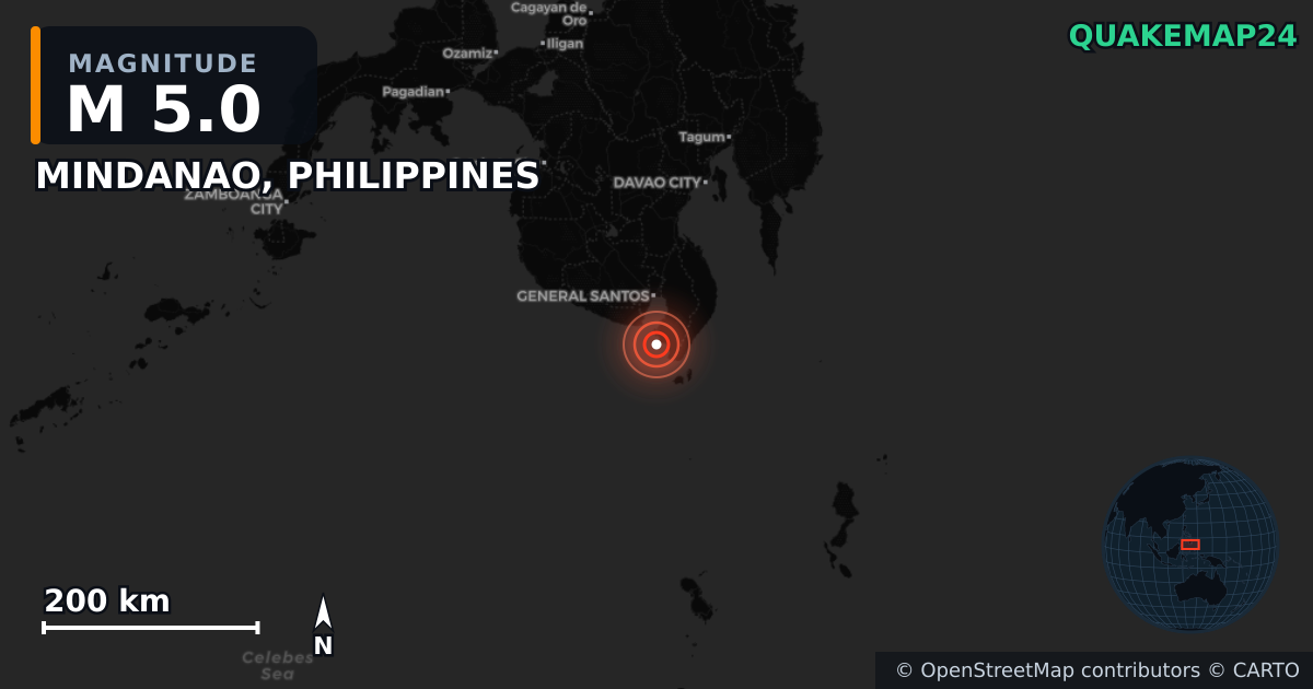 MINDANAO, PHILIPPINES yakınında M5,0 deprem — Deprem merkez üssünün konumunu gösteren harita