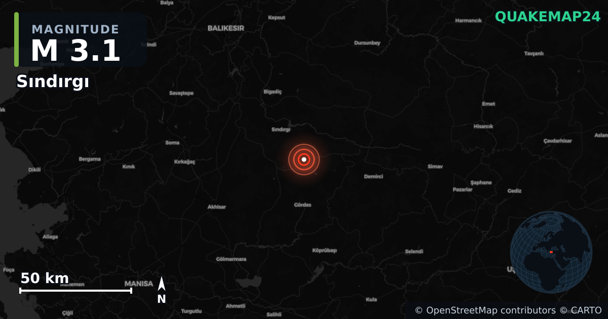 M3.1 earthquake near Sındırgı on Oct 28, 2025 — map of epicenter and shaking intensity | QuakeMap24