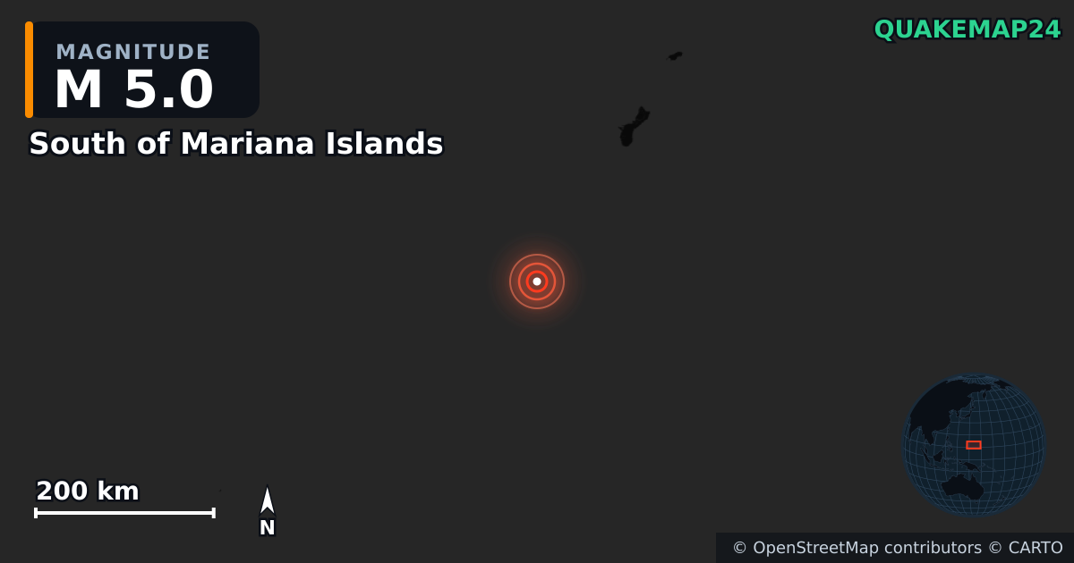 Sismo de M5,0 perto de South of Mariana Islands · 2026-01-06 — Mapa da localização do epicentro