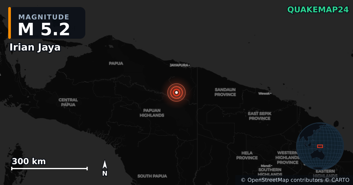 Erdbeben M5,2 bei Irian Jaya — Karte der Lage des Epizentrums