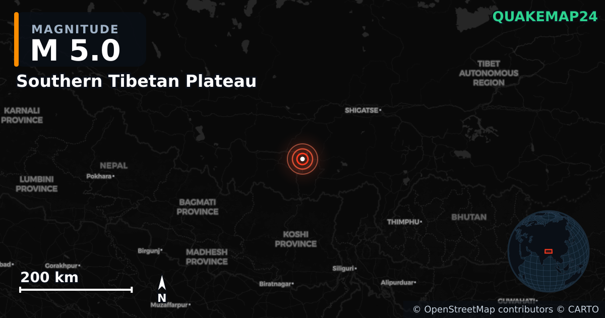 M5.0 earthquake near Southern Tibetan Plateau on Jan 7, 2025 — map of epicenter and shaking intensity | QuakeMap24