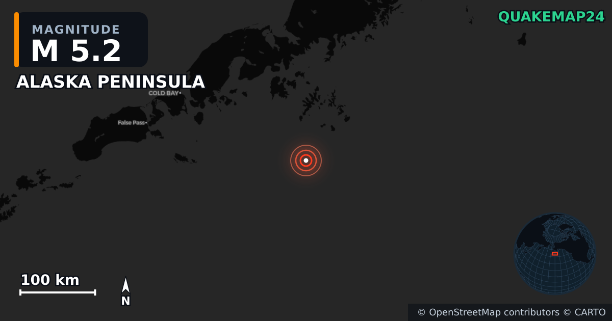 ALASKA PENINSULA yakınında M5,2 deprem — Deprem merkez üssünün konumunu gösteren harita