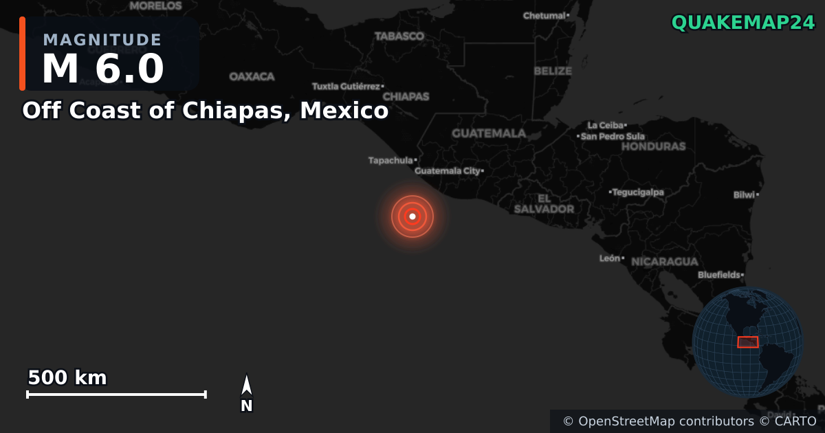 M6.0 earthquake near Off Coast of Chiapas, Mexico on Aug 9, 2025 — map of epicenter and shaking intensity | QuakeMap24