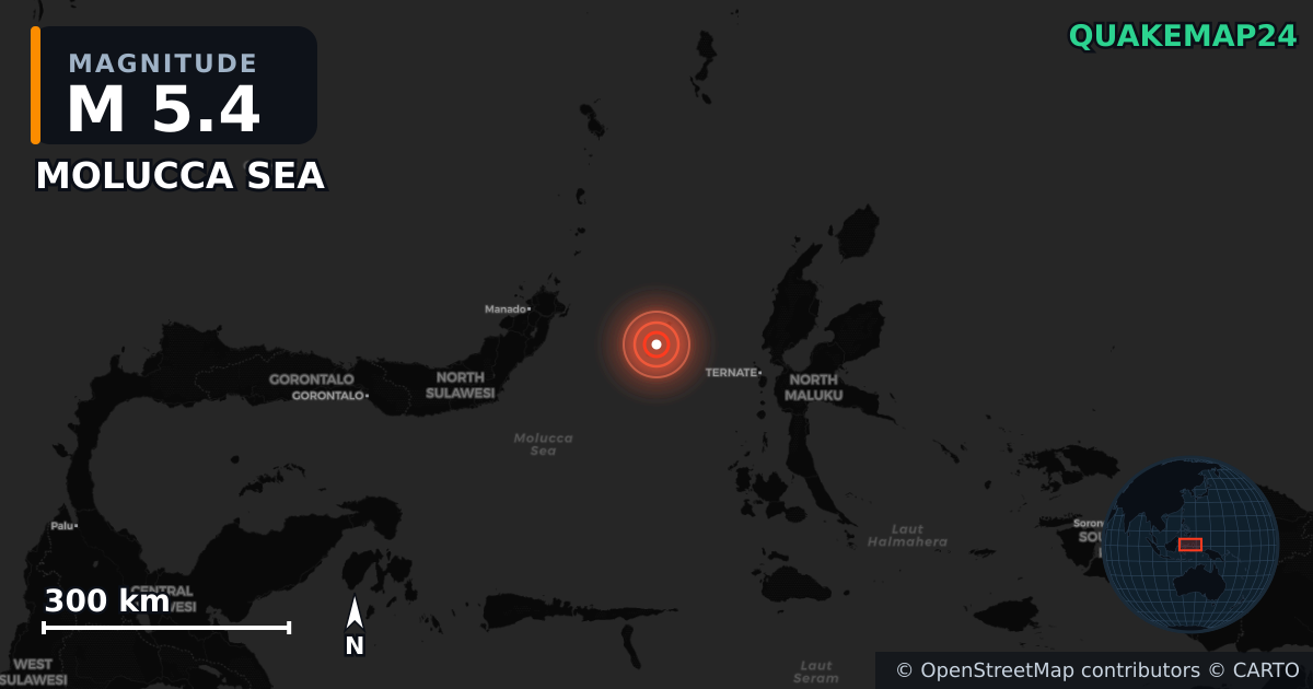 M5.4 earthquake near MOLUCCA SEA on Apr 1, 2026 — map of epicenter and shaking intensity | QuakeMap24