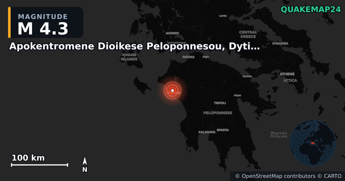 M4.3 earthquake near Apokentromene Dioikese Peloponnesou, Dytikes Elladas kai Ioniou on Jun 10, 2025 — map of epicenter and shaking intensity | QuakeMap24