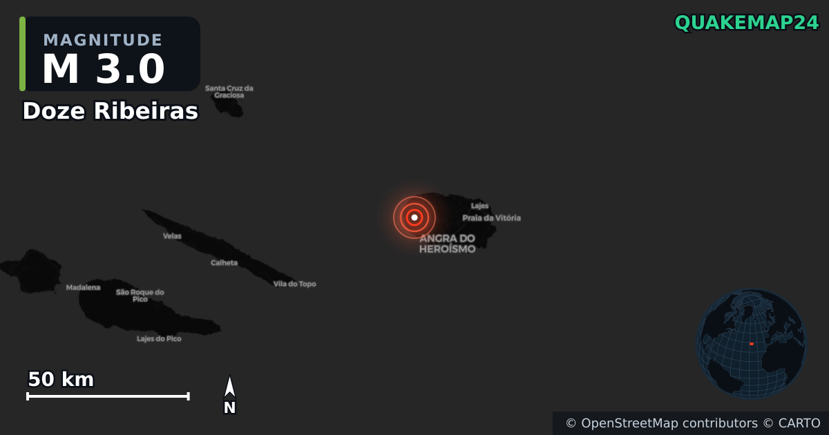M3.0 earthquake near Doze Ribeiras on Oct 13, 2025 — map of epicenter and shaking intensity | QuakeMap24