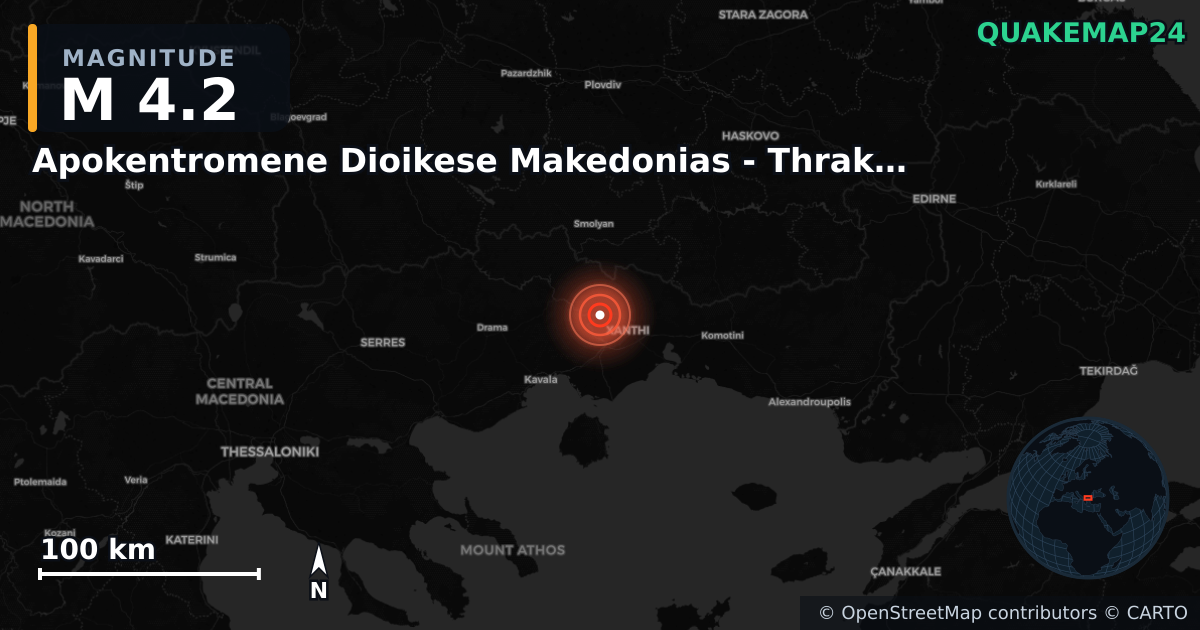M4.2 earthquake near Apokentromene Dioikese Makedonias - Thrakes on Nov 5, 2025 — map of epicenter and shaking intensity | QuakeMap24
