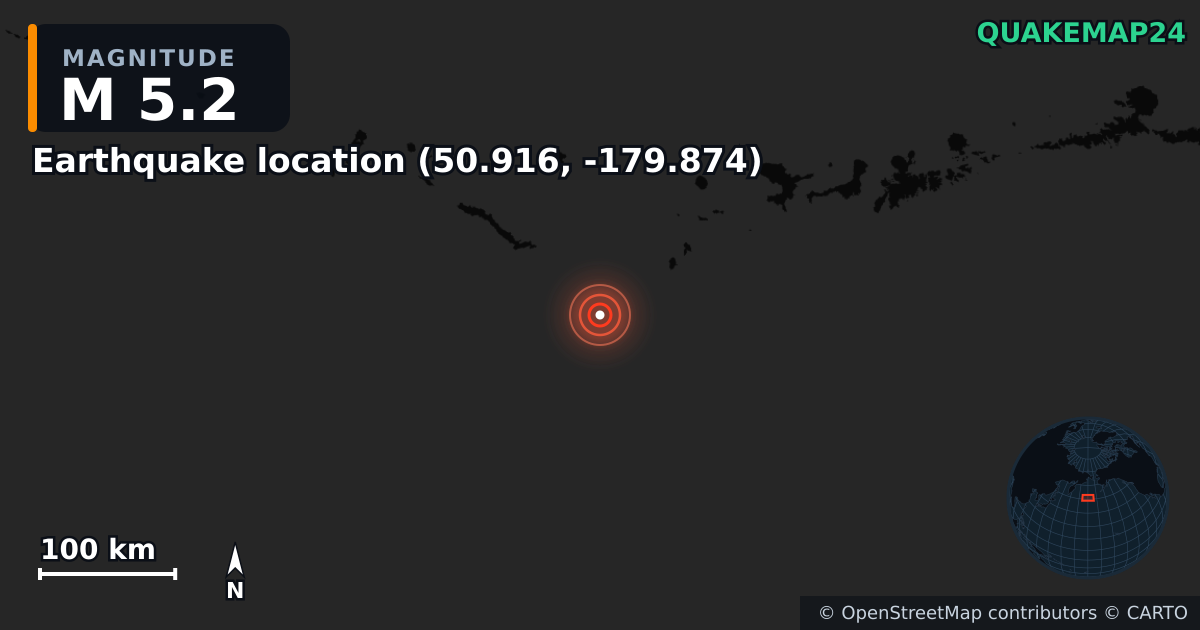 M5.2 earthquake near Local do sismo (50.916, -179.874) on Oct 11, 2025 — map of epicenter and shaking intensity | QuakeMap24