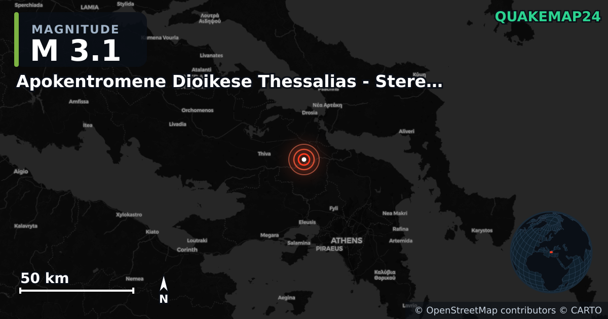 M3.1 earthquake near Apokentromene Dioikese Thessalias - Stereas Ellados on Nov 30, 2025 — map of epicenter and shaking intensity | QuakeMap24