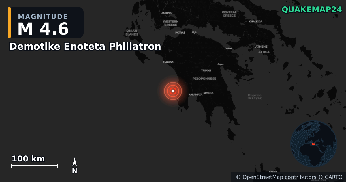 M4.6 earthquake near Demotike Enoteta Philiatron on Feb 19, 2026 — map of epicenter and shaking intensity | QuakeMap24