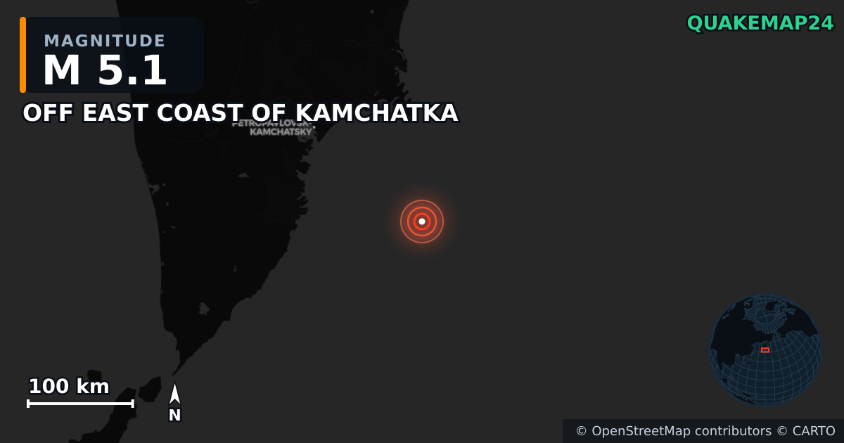 M5.1 earthquake near OFF EAST COAST OF KAMCHATKA on Aug 5, 2025 — map of epicenter and shaking intensity | QuakeMap24