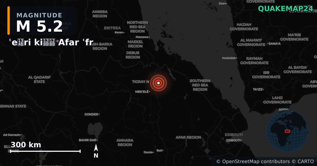 M5.2 earthquake near ʿeፋri kiልል Afar ʿfr on Oct 11, 2025 — map of epicenter and shaking intensity | QuakeMap24