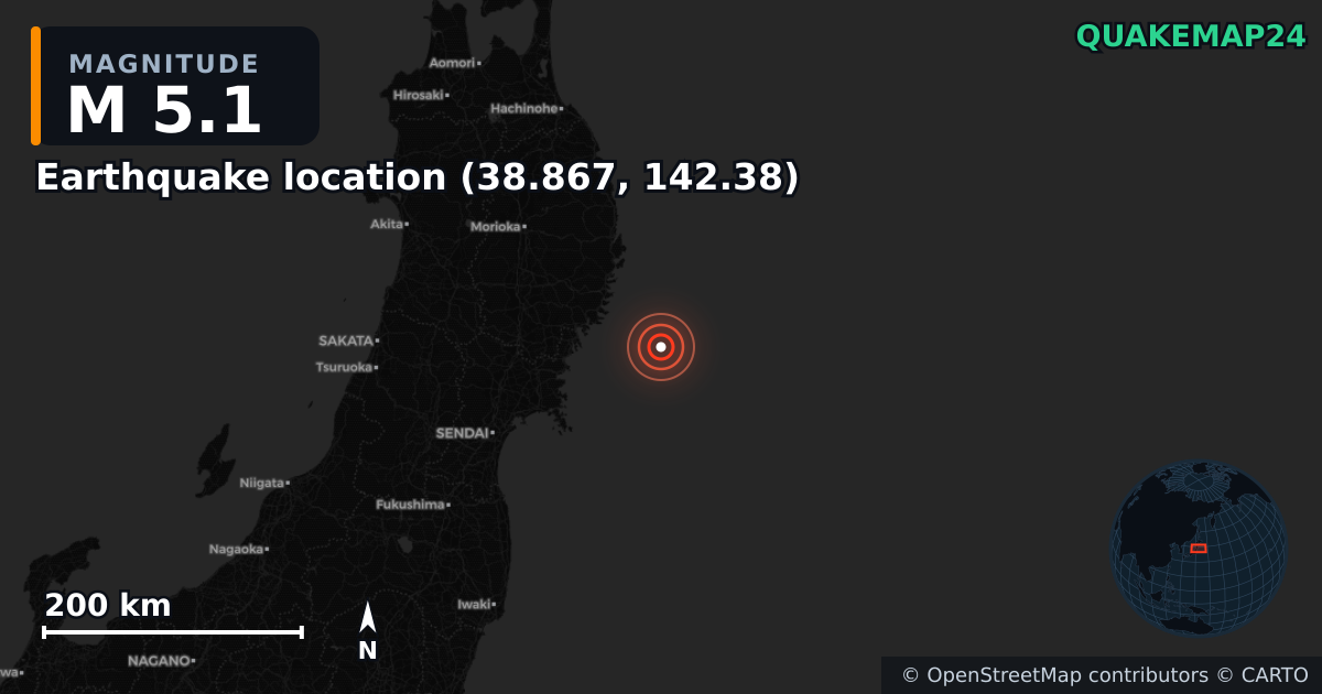 M5.1 earthquake near Deprem konumu (38.867, 142.38) on Mar 8, 2026 — map of epicenter and shaking intensity | QuakeMap24