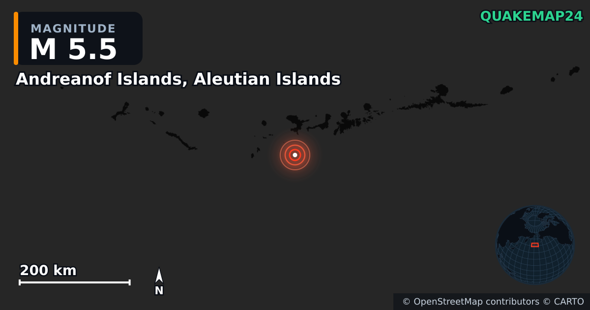 Andreanof Islands, Aleutian Islands yakınında M5,5 deprem — Deprem merkez üssünün konumunu gösteren harita