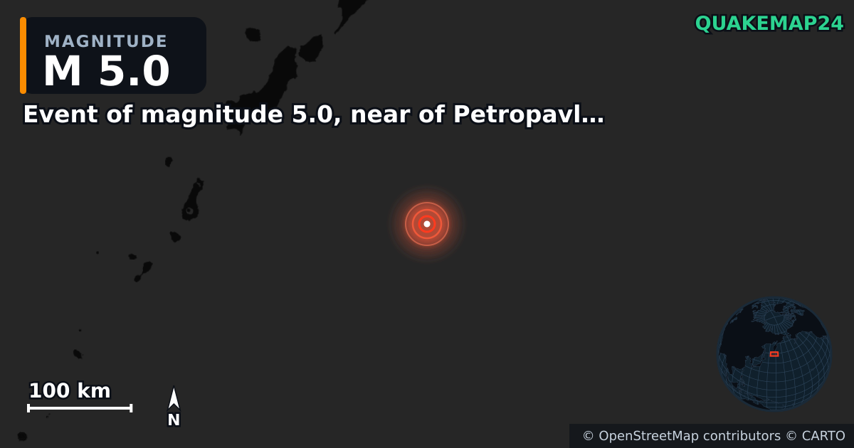 M5.0 earthquake near Event of magnitude 5.0, near of Petropavlovsk Kamchatskiy (Monde) on Nov 16, 2025 — map of epicenter and shaking intensity | QuakeMap24